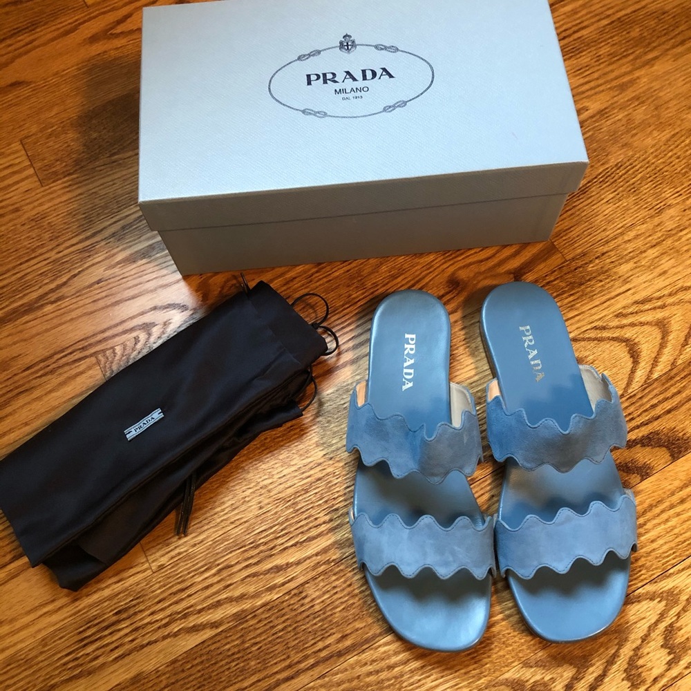 Prada blue suede scallop slides